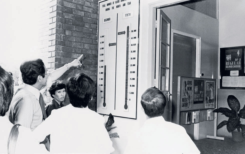 Dr Kwa Soon Bee (pointing to a blood collection barometer)