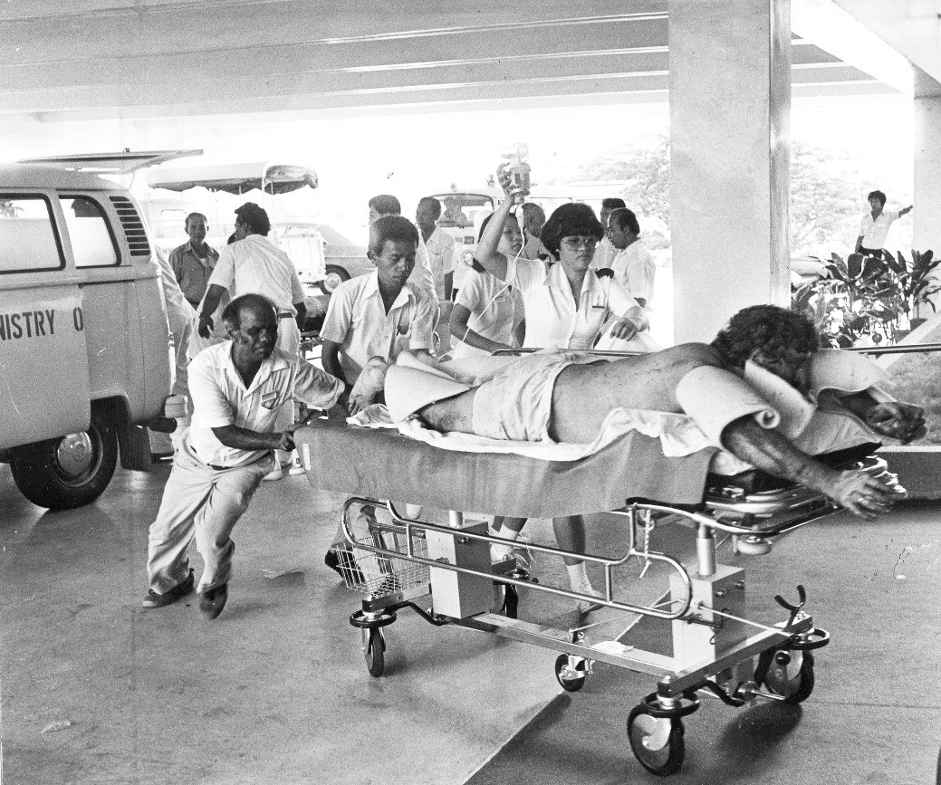  ​Source Straits Times © Singapore Press Holdings Limited. Reproduced with permission. Patients with severe burns from the Spyros explosion were arriving at our Burns Unit in SGH, literally by the lorry load.