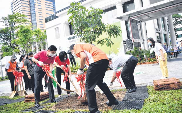  (Clockwise from far left) Deputy Prime Minister, Heng Swee Keat and Mrs Heng, as well as Health Minister Gan Kim Yong and Singapore General Hospital chief executive Kenneth Kwek, planting a longan tree yesterday at the hospital’s new garden as it marks its 200th anniversary. ST PHOTO ARIFFIN JAMAR